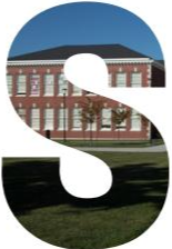 Stylized letter S with red brick school building, windows, and landscaped grounds