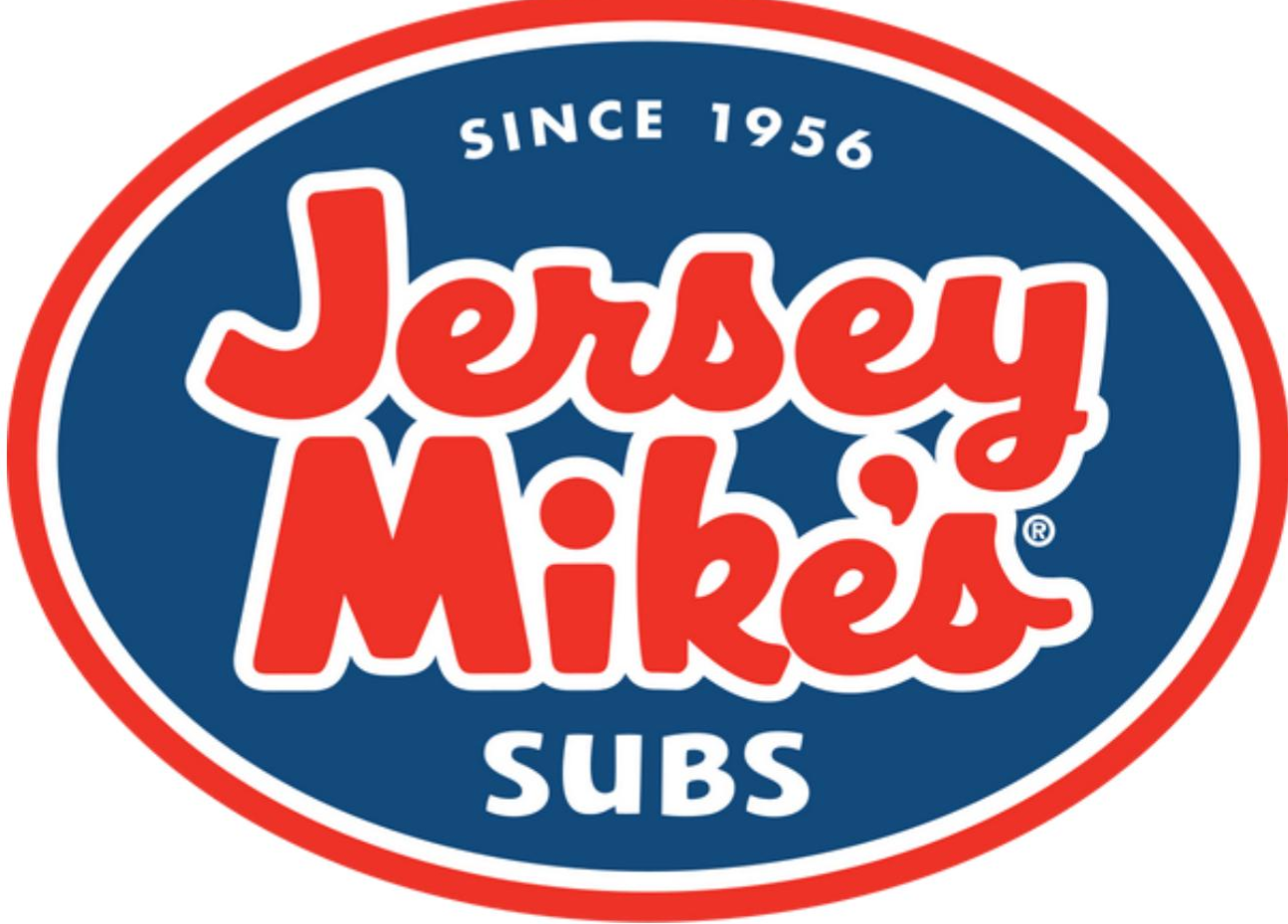 Jersey Mike's Subs logo with bold red lettering on blue background in red circle border