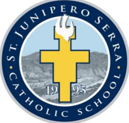 St. Junipero Serra Catholic School logo with yellow cross and flame against mountain backdrop, founded 1995