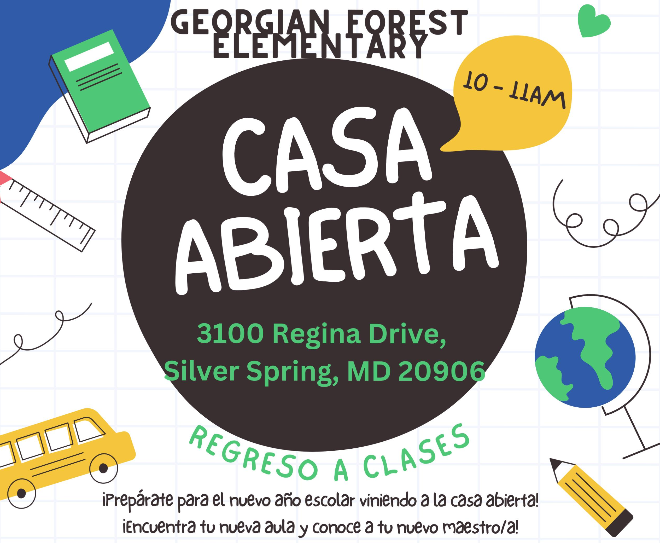 Volante de Casa Abierta de Georgian Forest Elementary con detalles del evento