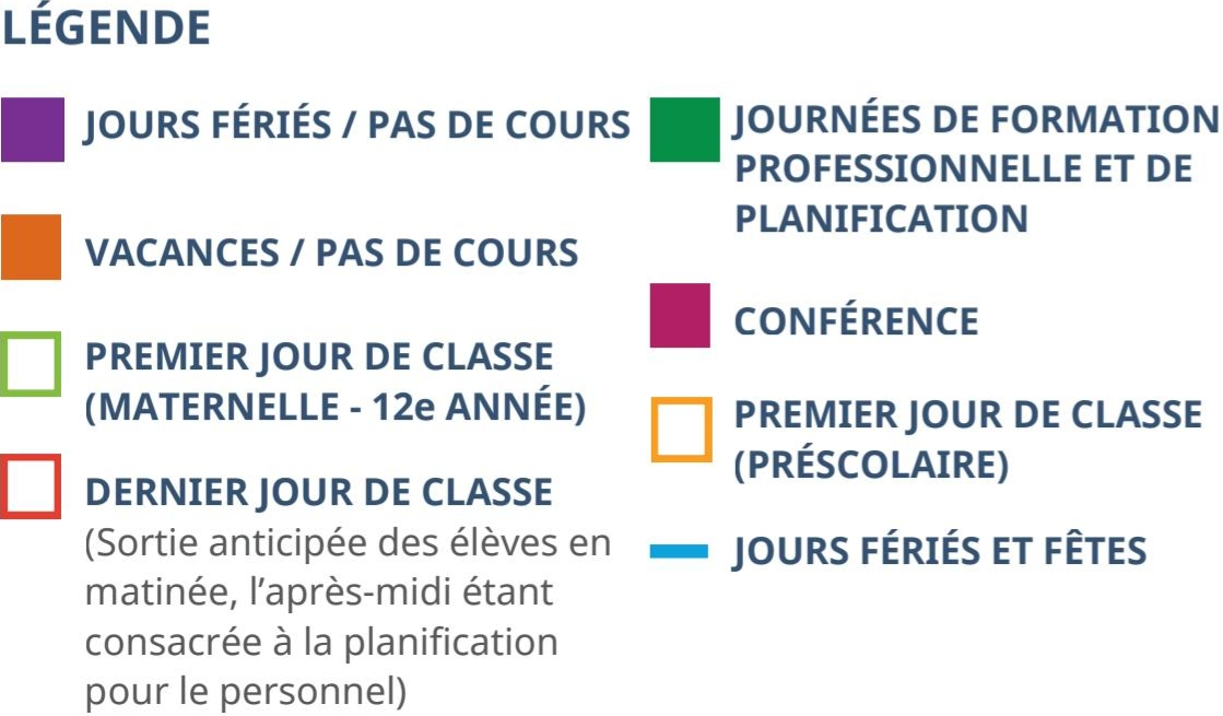 Légende du calendrier scolaire