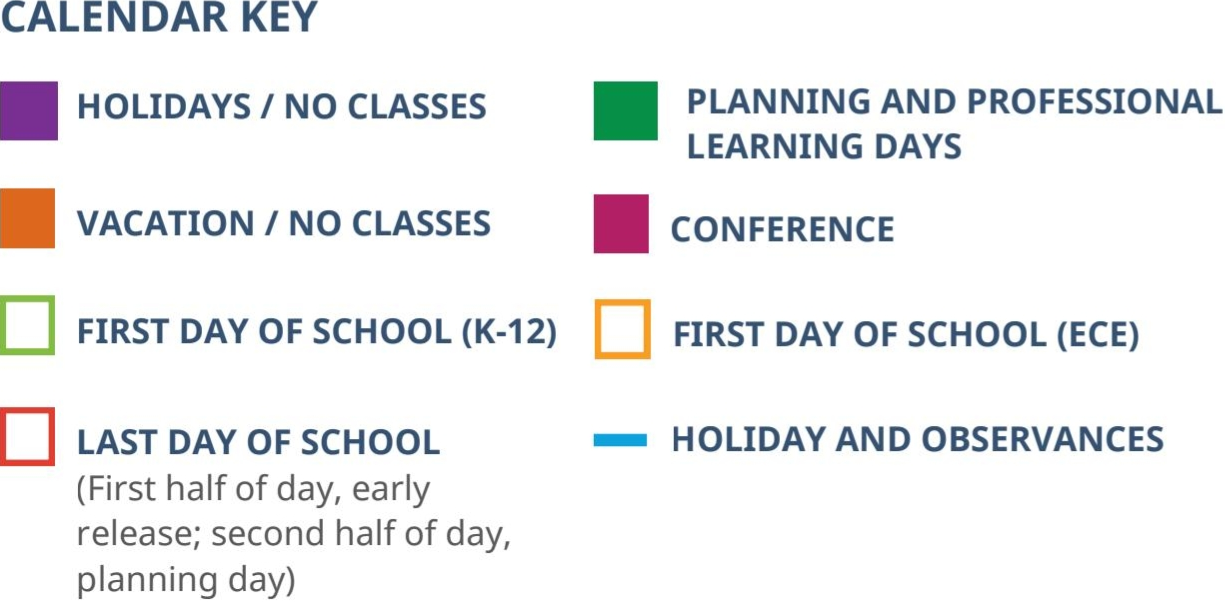 Calendar Key - color coded legend showing holidays, vacations, planning days, conferences, first and last days of school, and observances